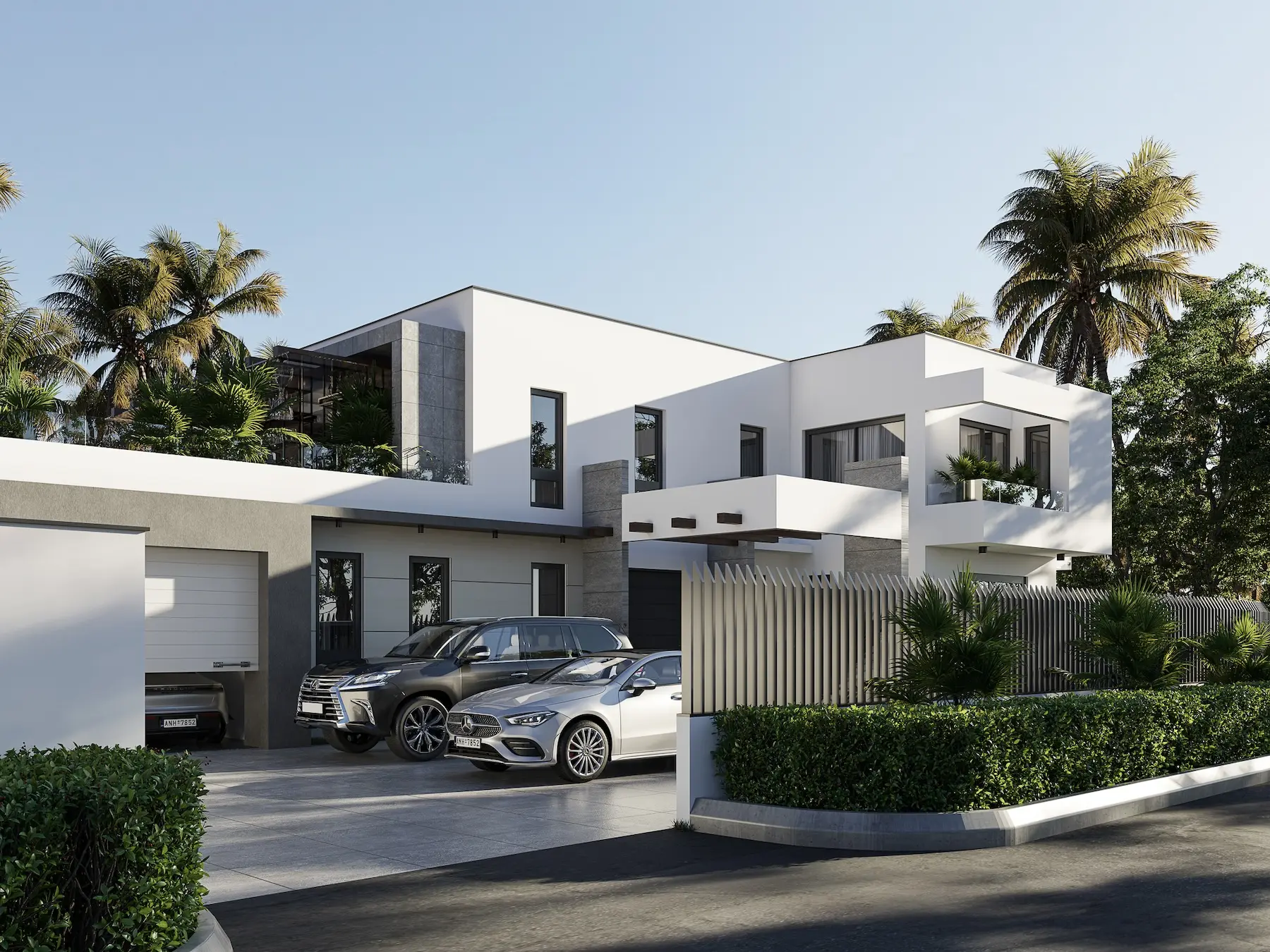 a modern house with a white car parked in front